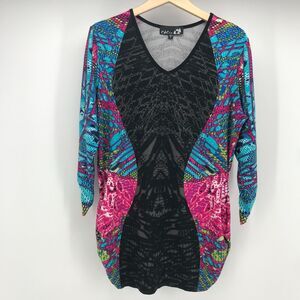 C&C Studio Top Womens Large Mixed Print 3/4 Ruched Sleeve Knit V Neck Stretch